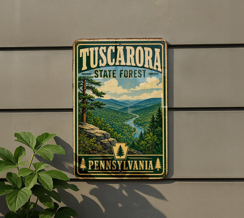 A vintage metal sign for Tuscarora State Forest in Pennsylvania, featuring a scenic landscape with mountains, trees, and a river.