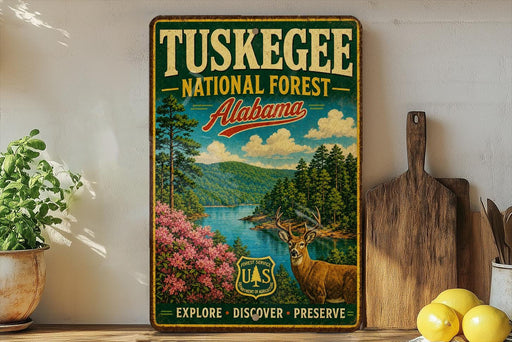 A vintage-style metal sign for Tuskegee National Forest in Alabama, featuring a scenic landscape with a deer, surrounded by pine trees and a river.