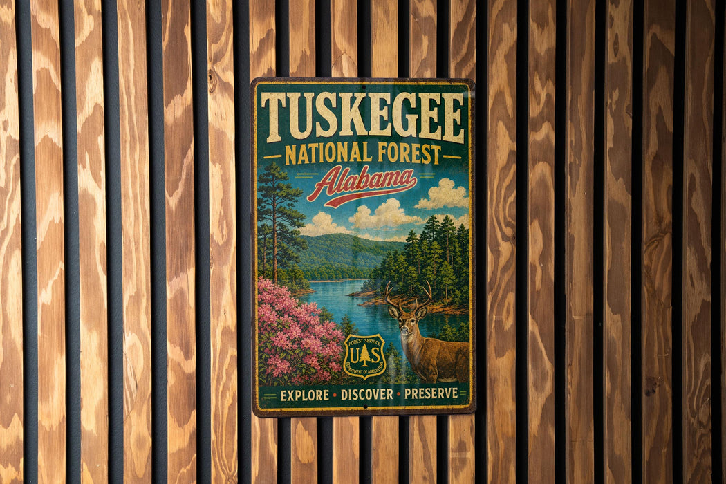 A vintage metal sign for Tuskegee National Forest in Alabama, featuring a scenic landscape with a river, mountains, and wildlife.