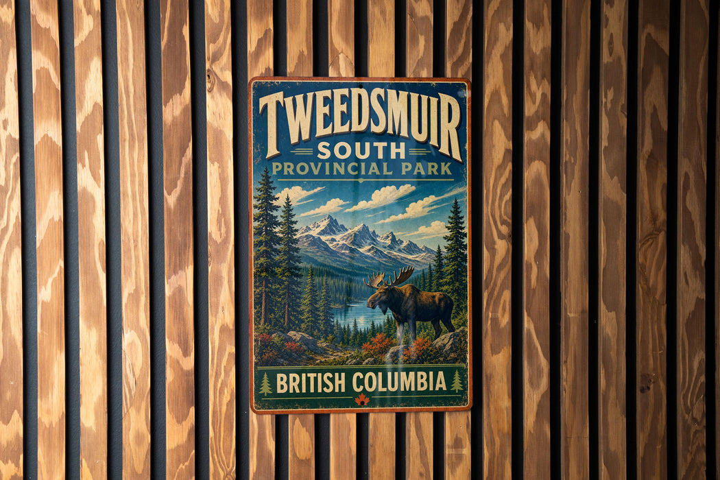 A vintage metal sign for Tweedsmur, South, and British Columbia, featuring a moose in a forest setting with mountains in the background.
