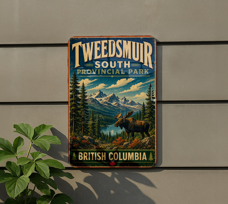A vintage-style sign for Tweedsmur, South, and Provincial Park in British Columbia, Canada, featuring a moose in a forest landscape.