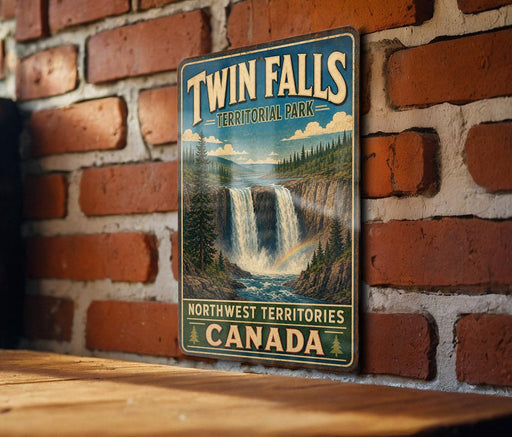 A vintage-style sign for Twin Falls, a waterfall located in Northwest Territories, Canada.
