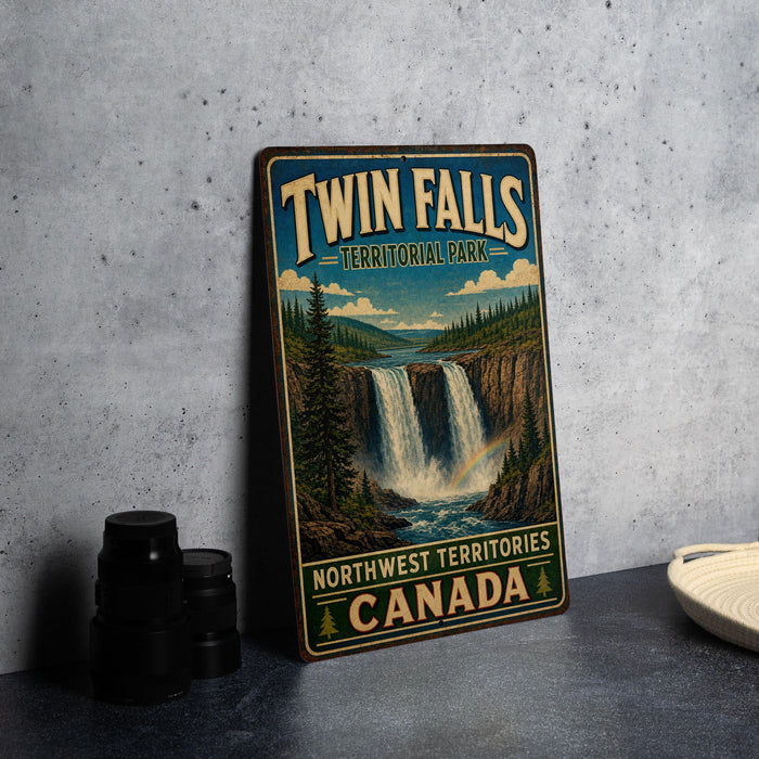 A vintage-style metal sign for Twin Falls Territorial Park in Northwest Territories, Canada, featuring a waterfall and forest landscape.