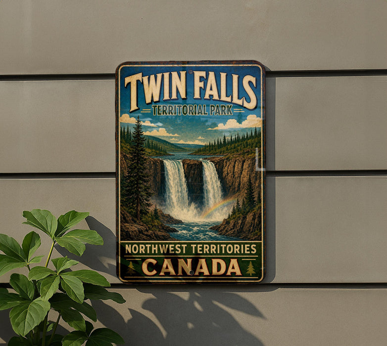 A vintage-style sign for Twin Falls, a waterfall located in Northwest Territories, Canada.