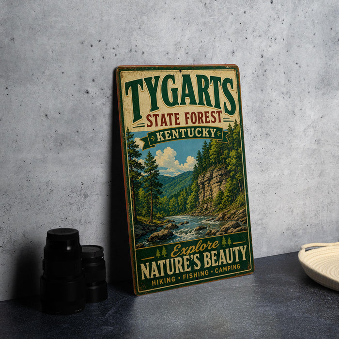 A vintage-style metal sign for Tygarts State Forest in Kentucky, featuring a scenic image of a forest and a river.