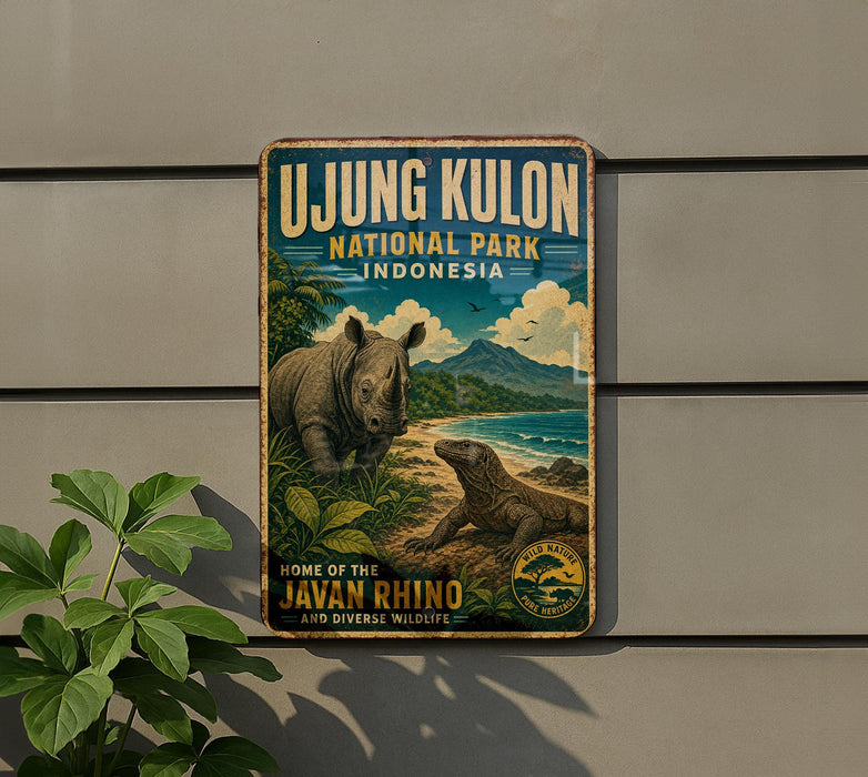 a vintage-style metal sign for the Javan Rhino National Park in Indonesia, with a rhino and a lizard depicted in a lush, tropical setting.