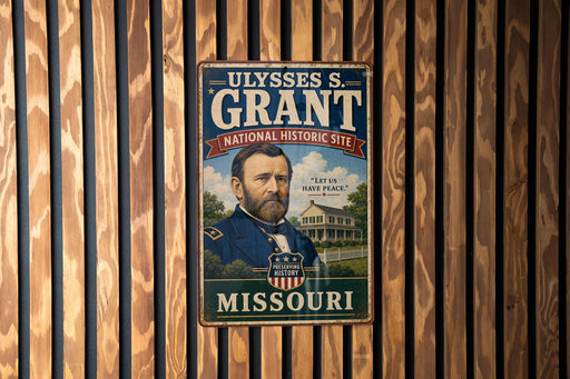 A vintage-style metal sign featuring a portrait of a man, with text that reads "Ulysses S. Grant" and "Missouri".