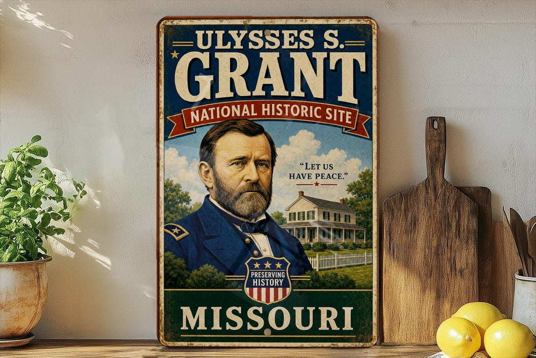 A vintage-style metal sign featuring a portrait of Ulysses S. Grant, the 18th President of the United States, along with the text "NATIONAL HISTORIC SITE" and "MISSOURI".
