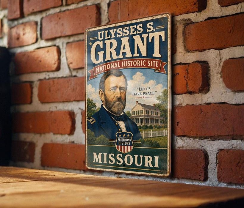 A vintage metal sign featuring a portrait of Ulysses S. Grant, the 18th President of the United States, mounted on a brick wall.