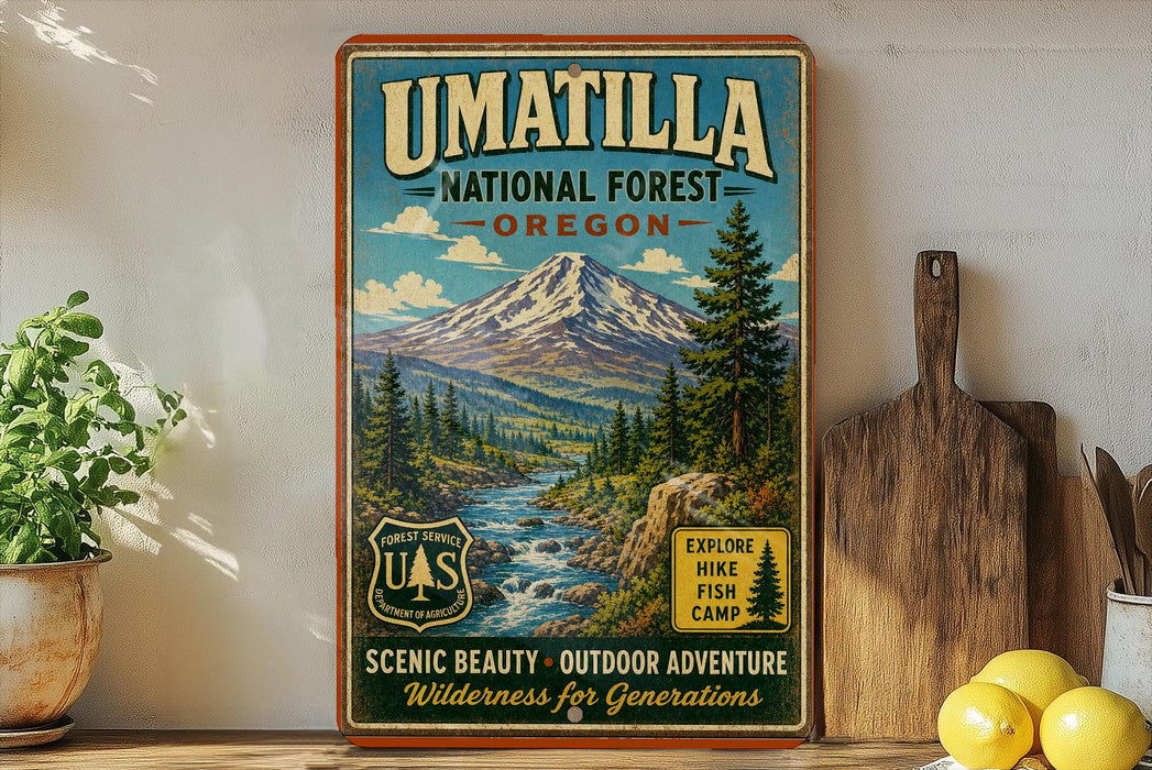 A vintage-style sign for the Umatilla National Forest in Oregon, featuring a mountain landscape and a river, with text promoting outdoor adventure and wilderness for generations.