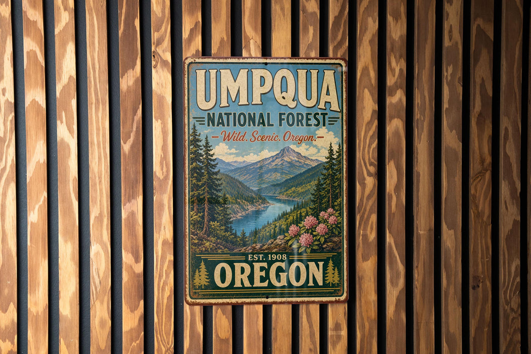 A vintage metal sign for the Umpqua National Forest in Oregon, featuring a scenic mountain landscape with a river and pine trees.