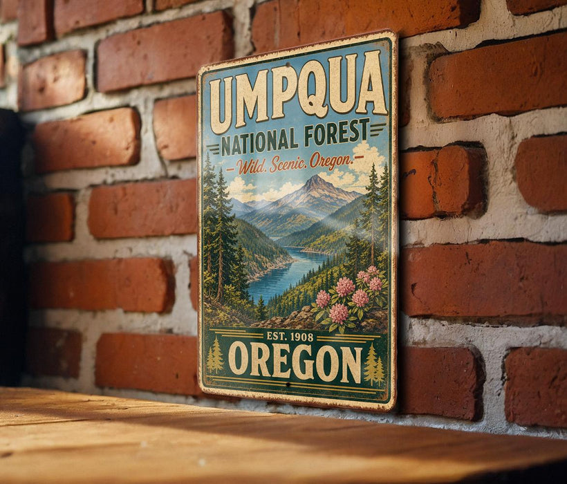 A vintage-style metal sign for the Umpqua National Forest in Oregon, featuring a scenic landscape with mountains, pine trees, and a river.