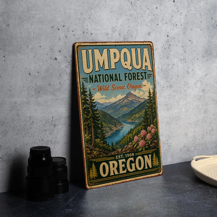 A vintage-style metal sign for the Umpqua National Forest in Oregon, featuring a scenic landscape with mountains, pine trees, and a river.