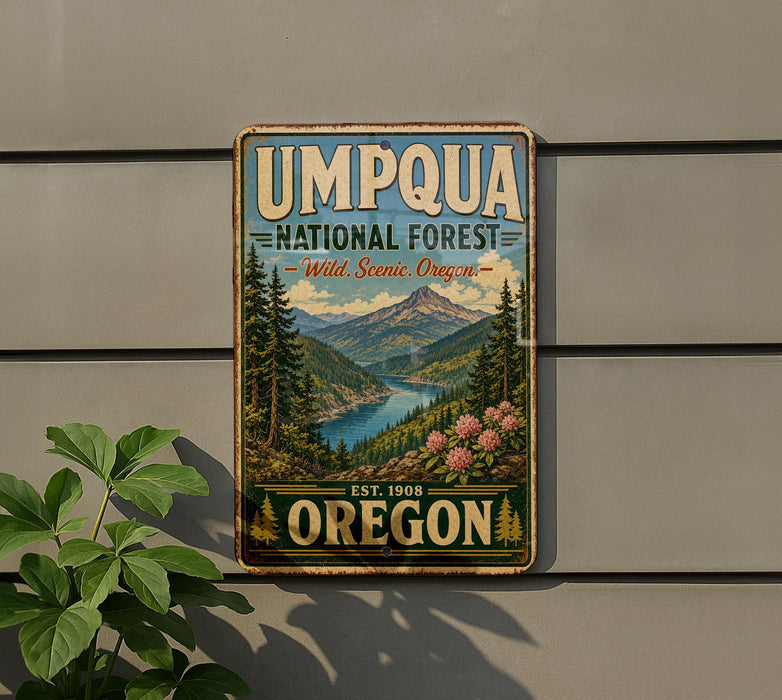 A vintage-style metal sign for the Umpqua National Forest in Oregon, featuring a scenic landscape with mountains, pine trees, and a river.