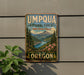 A vintage-style metal sign for the Umpqua National Forest in Oregon, featuring a scenic landscape with mountains, pine trees, and a river.