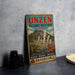 a vintage-style sign for Unzen Volcanic Area Park in Japan, with a mountain and steam vents visible on the sign.