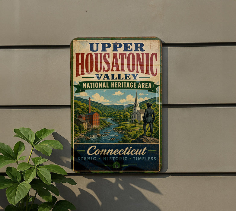 A vintage metal sign for Upper Housatonic Valley, New Hampshire's National Heritage Area, featuring a scenic image of a river and buildings.