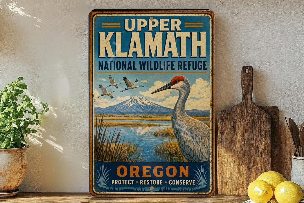 A vintage-style sign for Upper Klath National Wildlife Refuge in Oregon, featuring a bird and a scenic landscape.