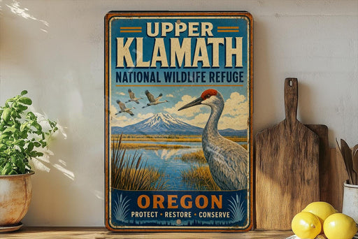 A vintage-style sign for Upper Klath National Wildlife Refuge in Oregon, featuring a bird and a scenic landscape.