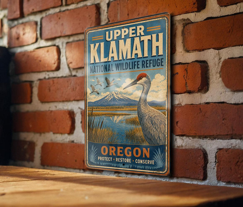 A vintage-style metal sign for Upper Klamath National Wildlife Refuge in Oregon, featuring an illustration of a bird and a mountain landscape.