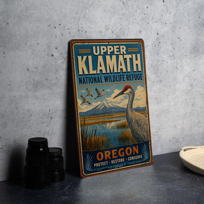 A vintage-style metal sign for Upper Klamath National Wildlife Refuge, featuring an illustration of a bird and a mountain landscape.