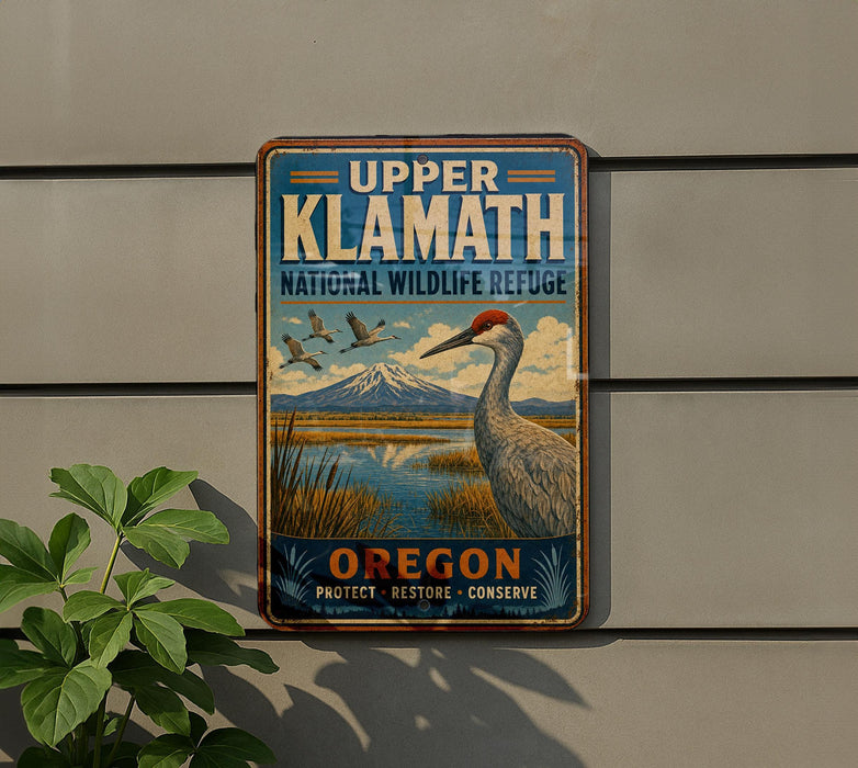 A vintage-style metal sign for Upper Klath National Wildlife Refuge in Oregon, featuring a large bird and a scenic landscape.