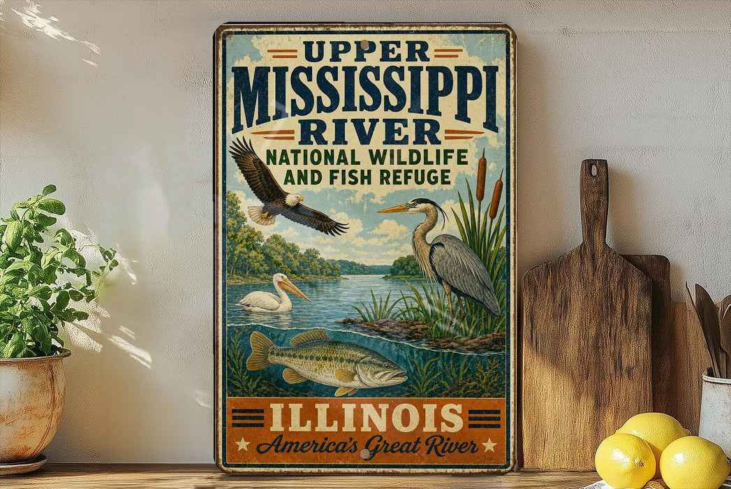 A vintage-style sign for Upper Mississippi River National Wildlife and Fish Refuge in Illinois, featuring illustrations of various wildlife species such as an eagle, a heron, and a fish.