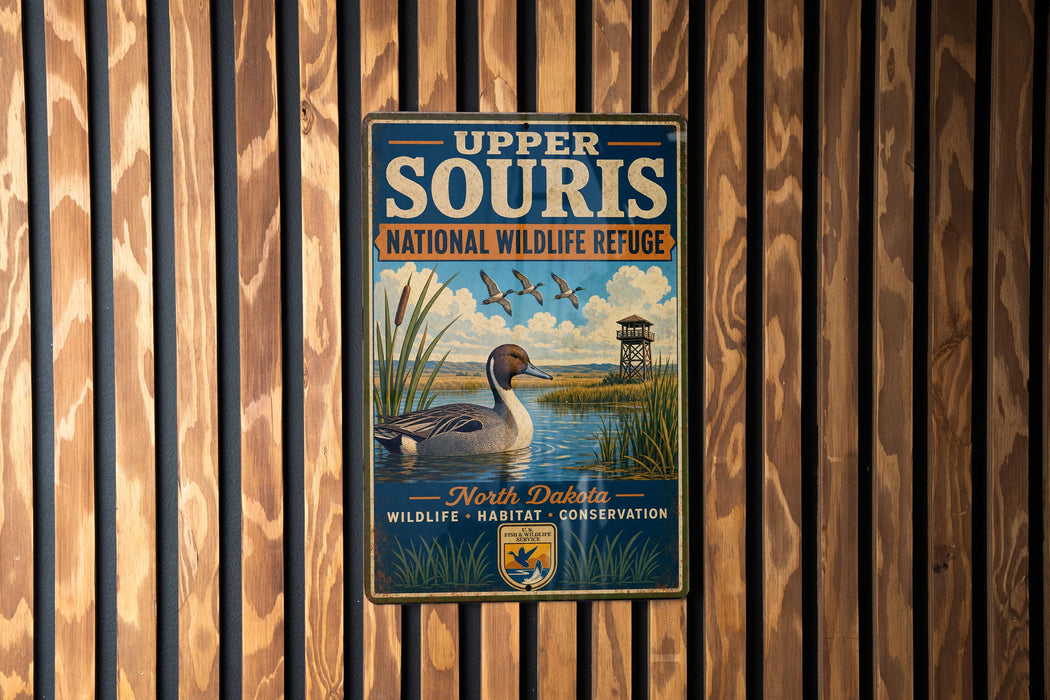 A vintage metal sign for the Upper Souris National Wildlife Refuge, featuring a duck and a bird in a grassy field with a tower in the background.