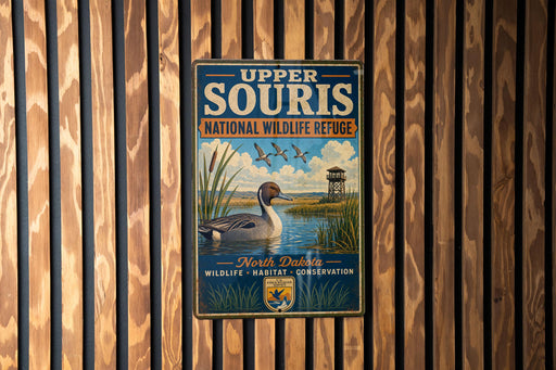 A vintage metal sign for the Upper Souris National Wildlife Refuge, featuring a duck and a bird in a grassy field with a tower in the background.
