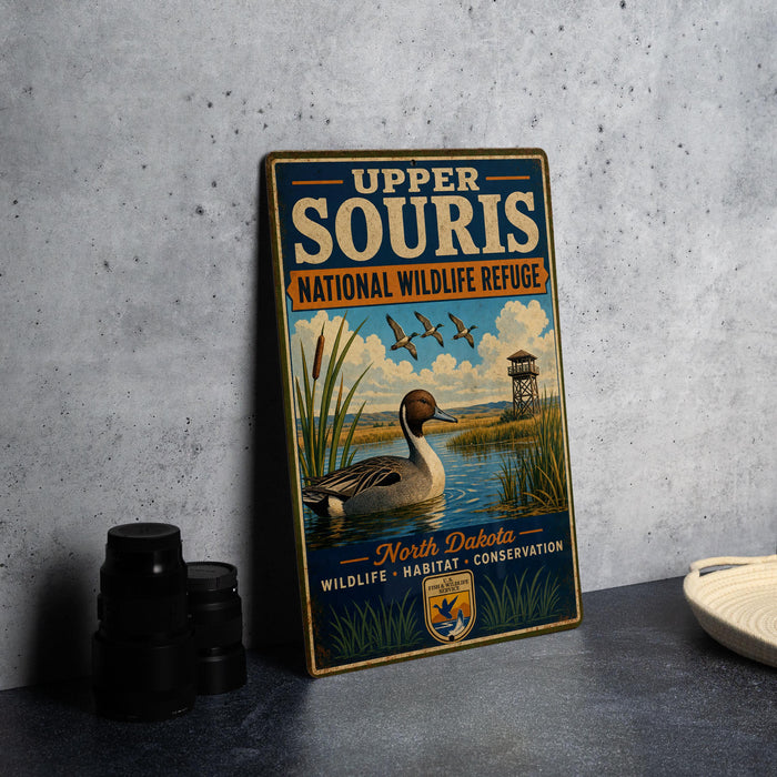 A vintage-style metal sign for Upper Souris National Wildlife Refuge in North Dakota, featuring an illustration of a duck swimming in a lake surrounded by tall grasses.