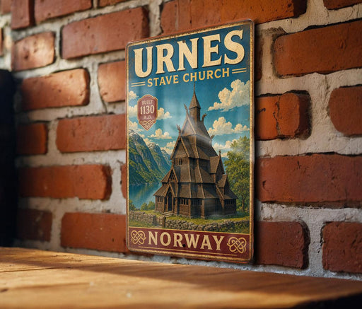 A vintage-style metal sign for Urnes Stave Church in Norway, featuring an illustration of a traditional Norwegian church against a scenic background.