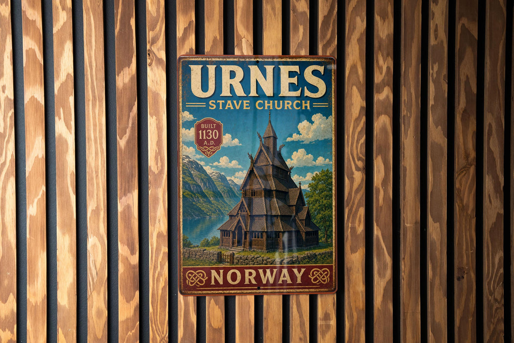 A vintage metal sign for Stave Church in Urnes, Norway, featuring an illustration of a church with a mountain backdrop.