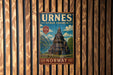 A vintage metal sign for Stave Church in Urnes, Norway, featuring an illustration of a church with a mountain backdrop.
