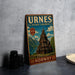 A vintage metal sign for Urnes Stave Church in Norway, featuring an illustration of a traditional Norwegian church with mountains in the background.