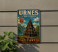 A vintage-style metal sign for the Stave Church in Norway, featuring an illustration of a traditional Norwegian church with mountains in the background.