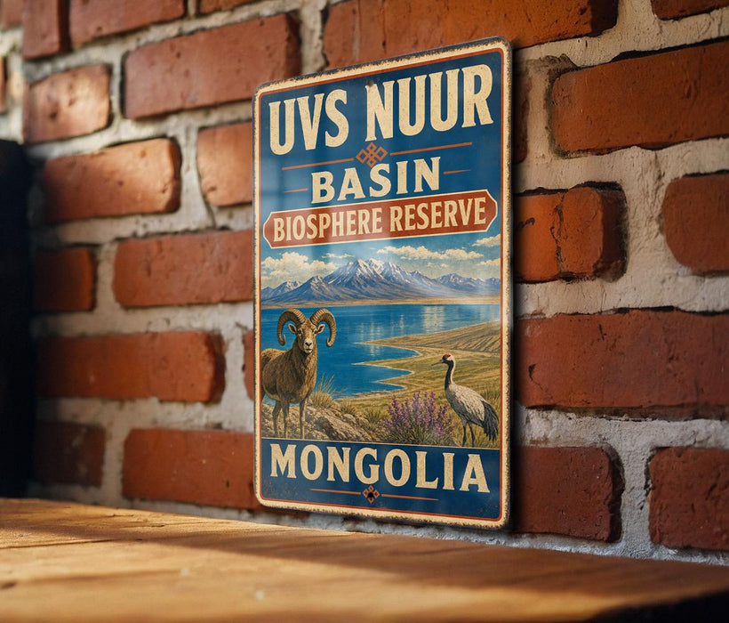 a vintage-style sign for the UVS Nuur Basin Biosphere Reserve in Mongolia, with a mountain landscape and two animals, a ram and a crane, depicted on the sign.