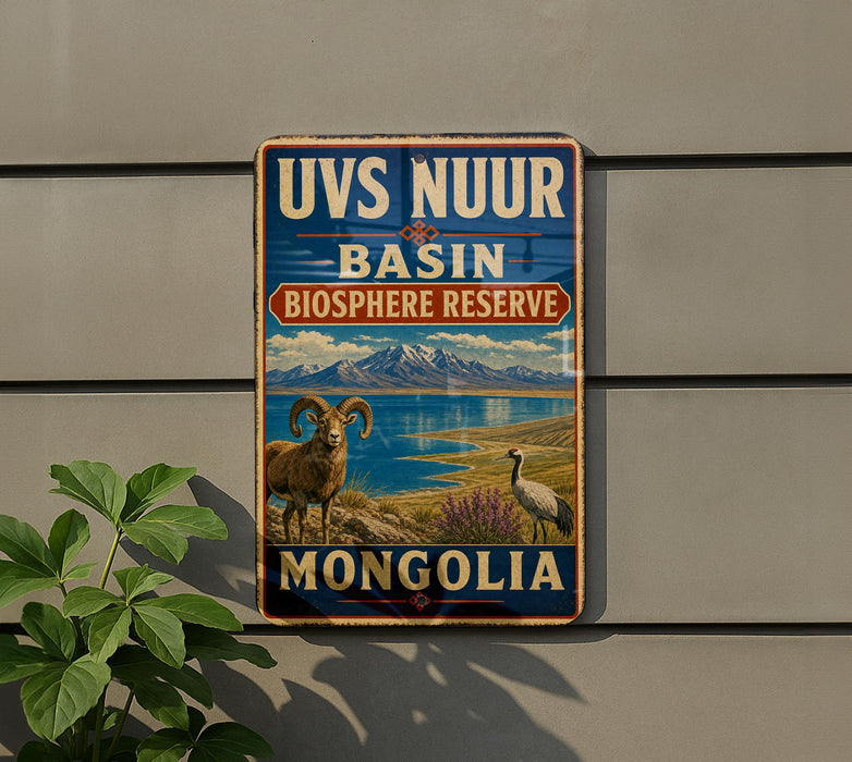a sign for the UVS Nür Basin Biosphere Reserve in Mongolia, with a mountain landscape and a ram in the foreground.