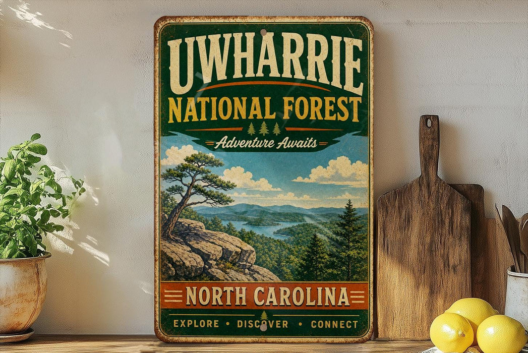 A vintage-style sign for the Uwharrie National Forest, featuring a scenic landscape with mountains, pine trees, and a river.