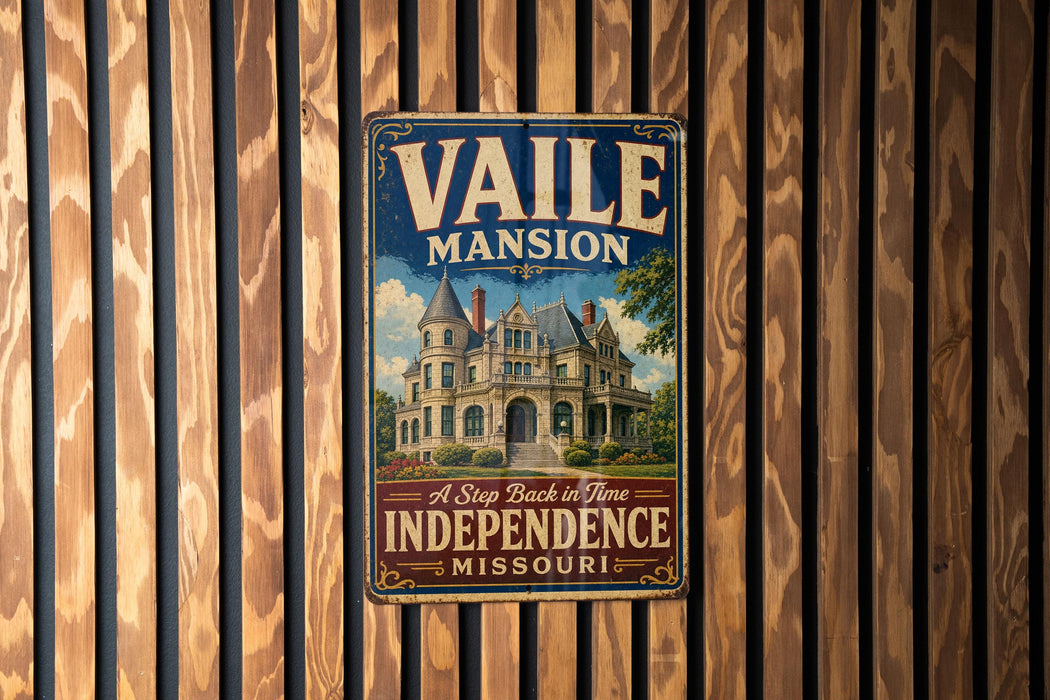 A vintage-style metal sign for Vaile mansion in Missouri, featuring an illustration of a grand mansion with a castle-like structure.