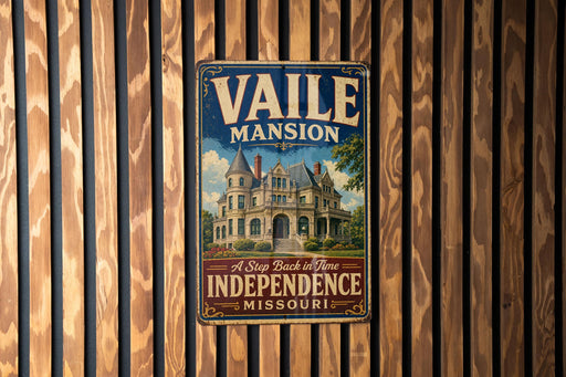 A vintage-style metal sign for Vaile mansion in Missouri, featuring an illustration of a grand mansion with a castle-like structure.