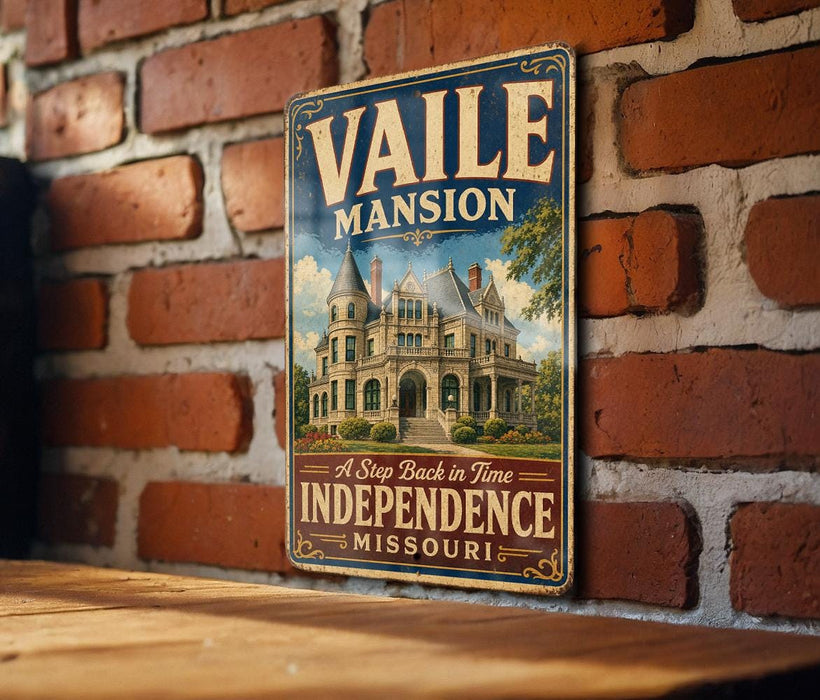 A vintage-style metal sign for the Vaile mansion in Missouri, featuring an illustration of the mansion and the text "A Step Back in Time" and "Independence Missouri".