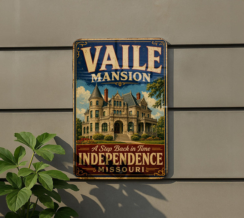 A vintage-style metal sign for the Vaile Mansion in Missouri, featuring an illustration of the mansion and the text "A Step Back in Time INDEPENDENCE MISSOURI".