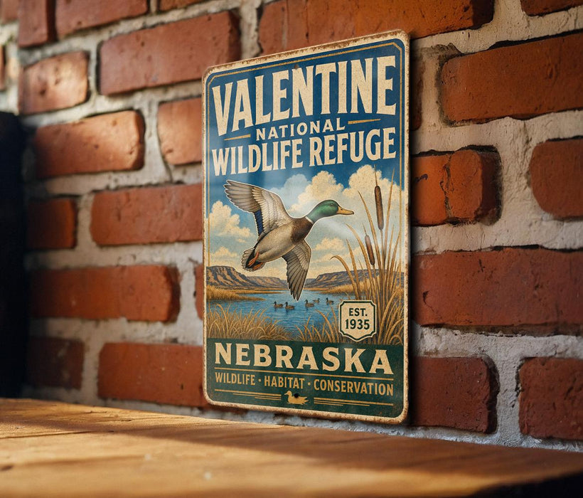 A vintage-style metal sign for Valentine National Wildlife Refuge in Nebraska, featuring a duck in flight and a scenic landscape.