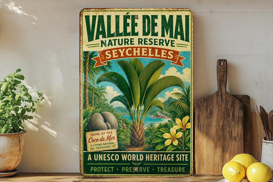 a vintage-style sign for the Vallee de Mai Nature Reserve in Seychelles, with a tropical island landscape and palm trees depicted.