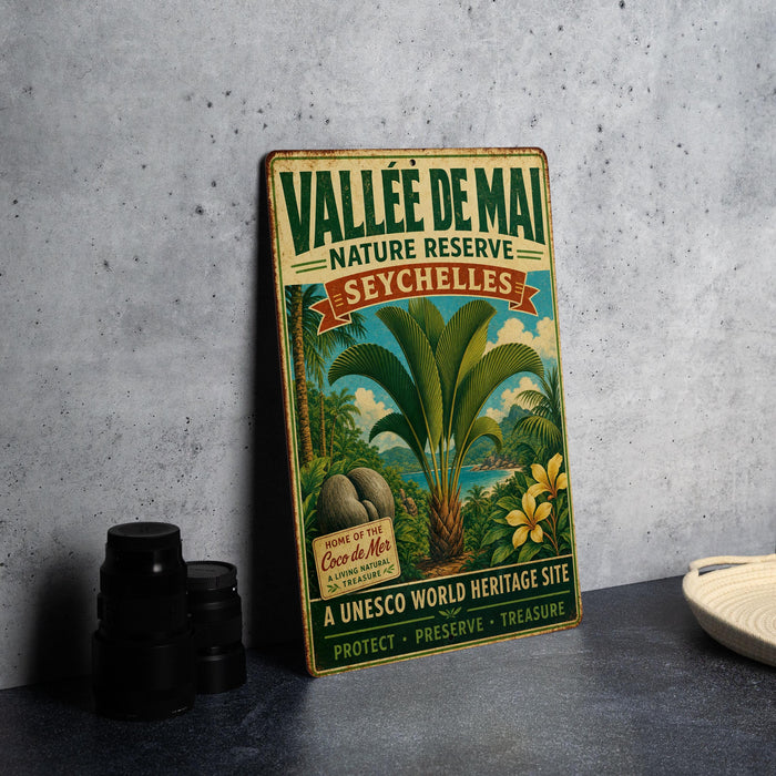 a vintage-style metal sign with a tropical landscape and text, placed on a gray countertop next to some black camera lenses.