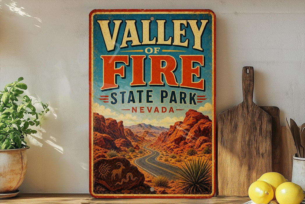 A vintage-style sign for Valley of Fire State Park in Nevada, featuring a desert landscape with mountains and a winding road.