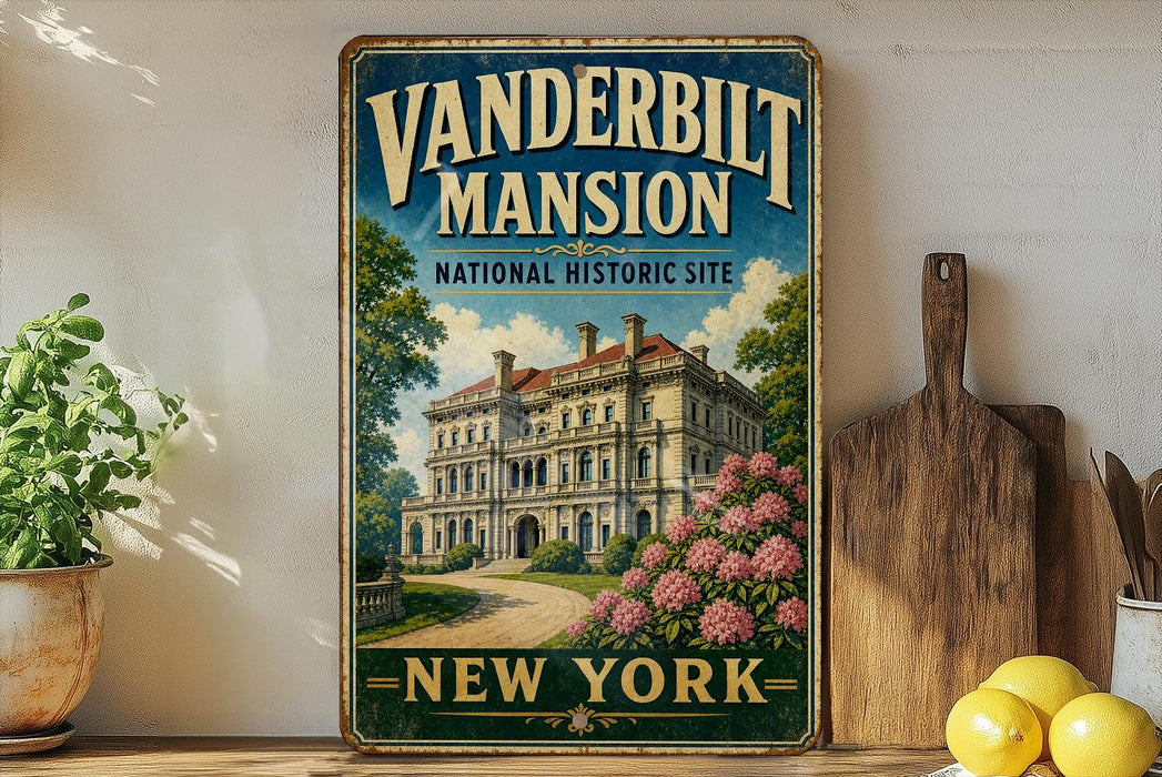 A vintage-style sign for the Vanderbilt Mansion, a National Historic Site in New York, featuring an illustration of the mansion surrounded by trees and flowers.