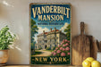 A vintage-style sign for the Vanderbilt Mansion, a National Historic Site in New York, featuring an illustration of the mansion surrounded by trees and flowers.
