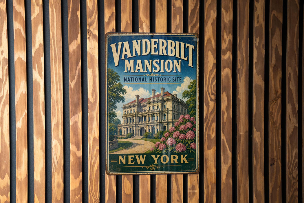 A vintage-style metal sign for the Vanderbilt Mansion, a historic site in New York, is displayed on a wooden wall.