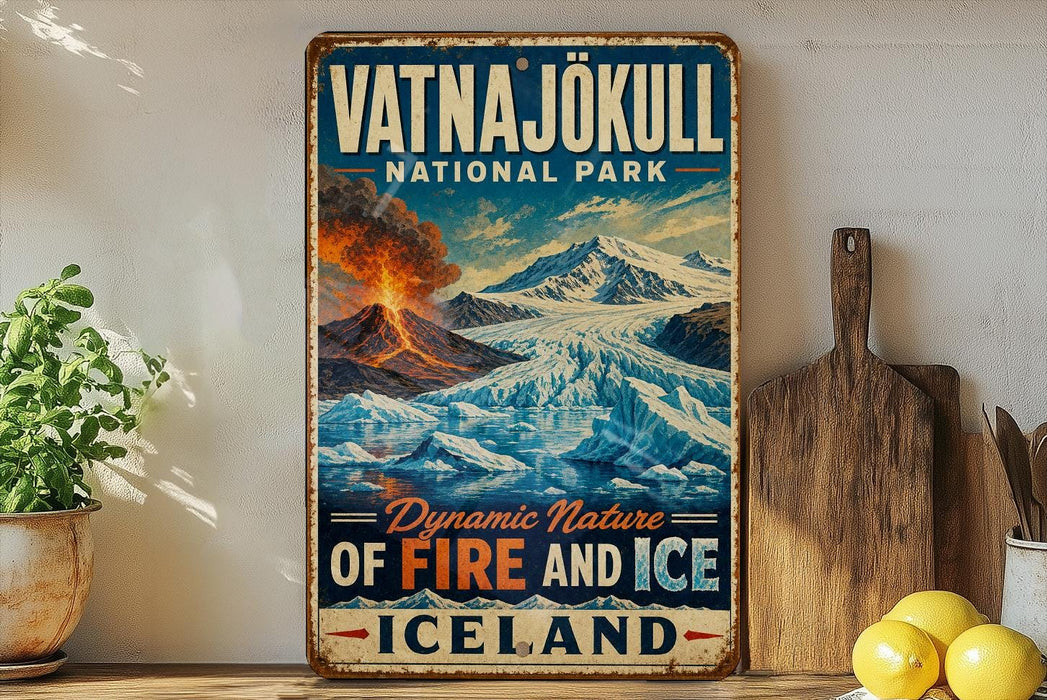 A vintage-style metal sign for Vatnajokull National Park, featuring a scenic image of a volcano and ice-covered mountains.